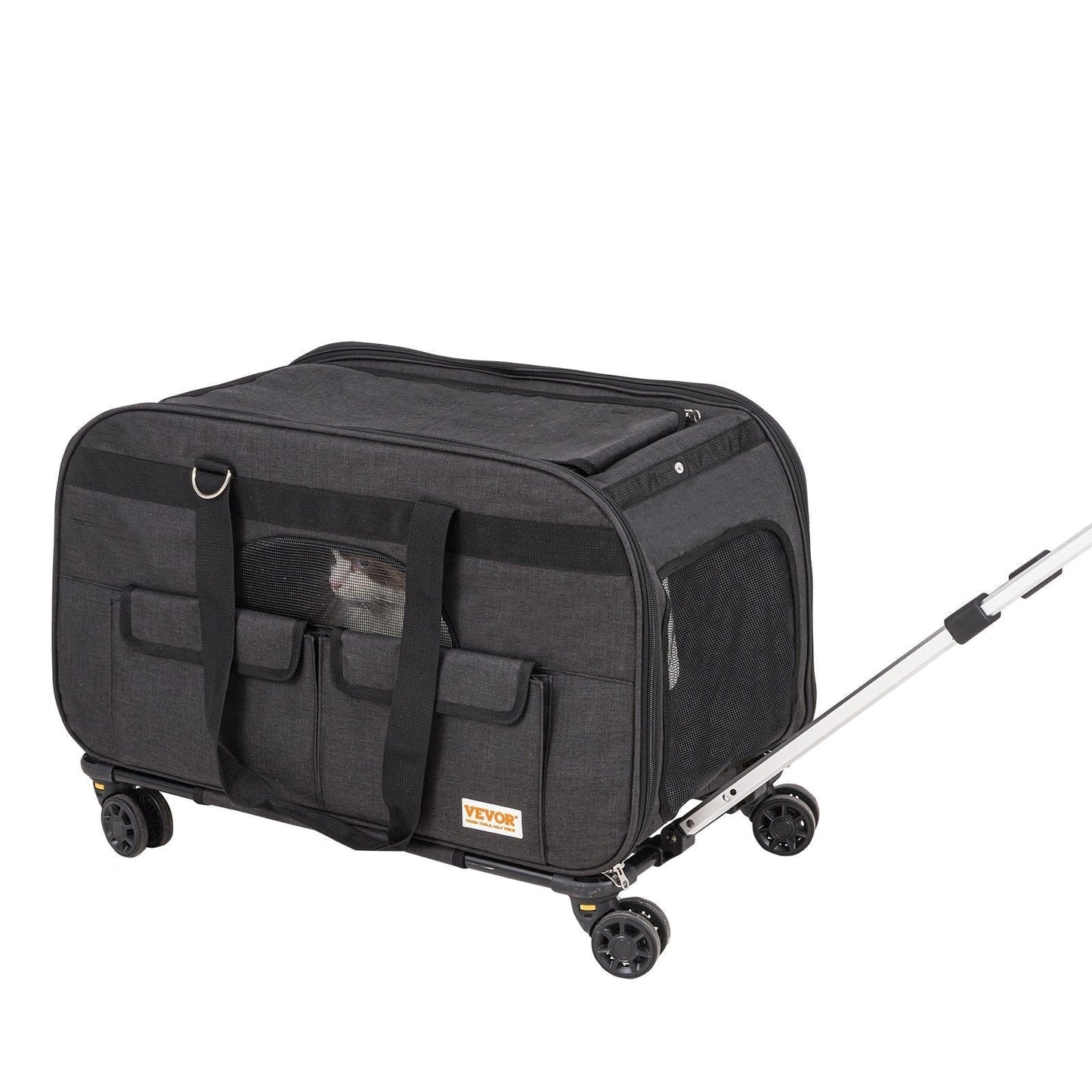 Superidag VEVOR Cat Carrier with Wheels, Rolling Pet Carrier with Telescopic Handle and Shoulder Strap, Dog Carrier with Wheels for Pets under 35 Lbs, with 1 Folding Bowl, Black