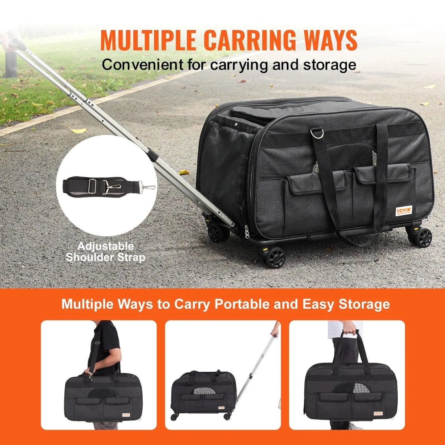 Superidag VEVOR Cat Carrier with Wheels, Rolling Pet Carrier with Telescopic Handle and Shoulder Strap, Dog Carrier with Wheels for Pets under 35 Lbs, with 1 Folding Bowl, Black